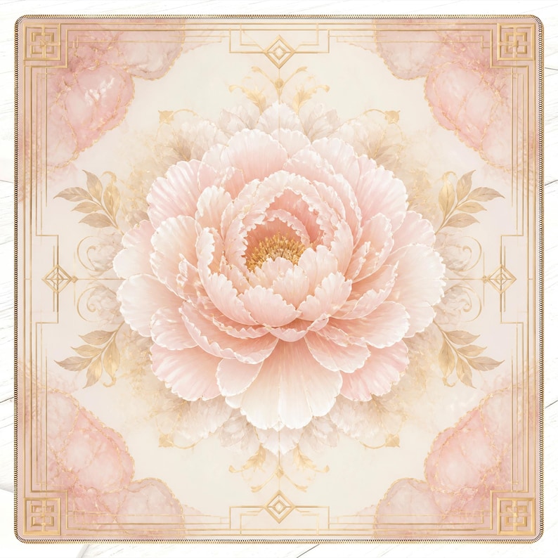 May include: Square decorative mat featuring a large, light pink peony flower at the center, surrounded by gold-colored leaves and geometric patterns. The corners have pink watercolor-like accents, creating a soft, elegant design.