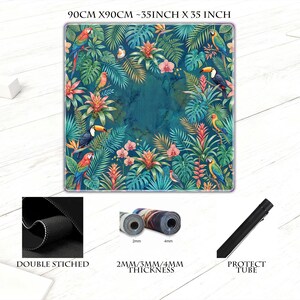 May include: A square, tropical-themed mat, measuring 35 inches by 35 inches (90cm x 90cm), features a vibrant design of parrots, toucans, and lush foliage. The mat has a double-stitched edge and comes with a protect tube. Thickness options are 2mm, 3mm, or 4mm.