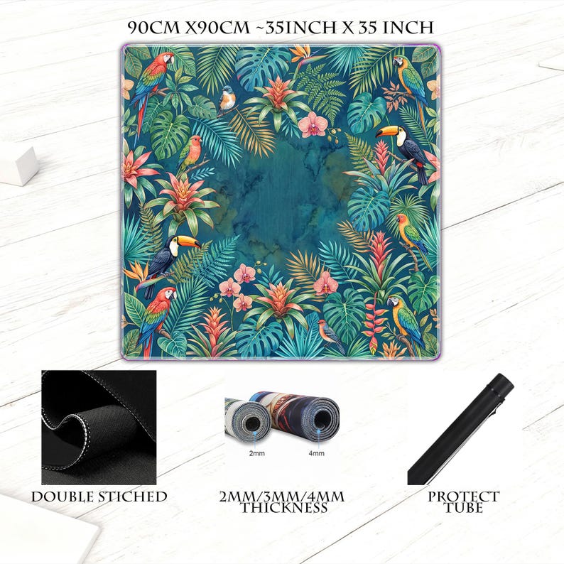 May include: A square, tropical-themed mat, measuring 35 inches by 35 inches (90cm x 90cm), features a vibrant design of parrots, toucans, and lush foliage. The mat has a double-stitched edge and comes with a protect tube. Thickness options are 2mm, 3mm, or 4mm.