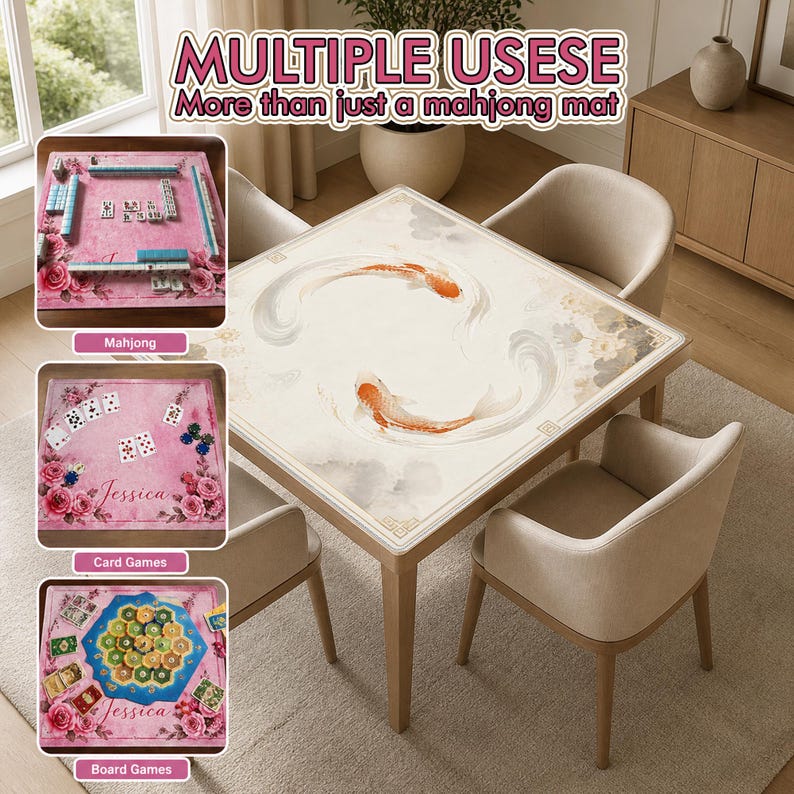 May include: A square table with a koi fish design, surrounded by beige chairs. The image shows the table can be used for Mahjong, card games, and board games. The text "MULTIPLE USESE More than just a mahjong mat" is at the top.