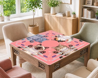 Funny Cute Cat Pink Mahjong Mat, Cat Lovers Non-Slip Noise Reduction Table Cover Accessories for Dominoes Poker Board and Tile Games Gifts