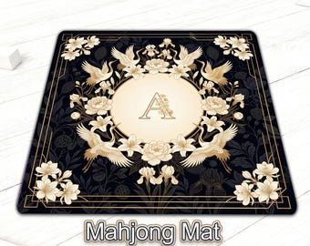 Personalized Black Gold Crane Mahjong Mat, Custom Initial Game Night Custom Monogram Initial