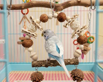 Prickly Ash Wood Bird Swing, Pine Cone Chew Toy, Foraging Perch