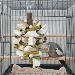 Puede incluir: Una jaula para pájaros con una cacatúa gris y blanca posada en un pasador de madera. Un juguete colgante para pájaros hecho de madera, piezas blancas y tallos verdes está suspendido de la parte superior de la jaula. La jaula tiene un marco de metal.
