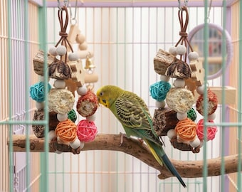 Giocattolo per uccelli in noce naturale, decorazione fatta a mano per gabbia di pappagalli