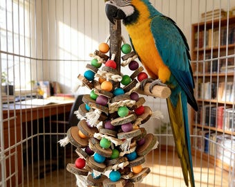 Juguete masticable de madera natural XL para loros, para moler el pico y buscar comida