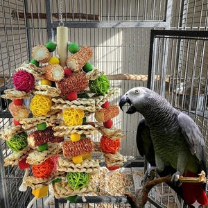 May include: A colorful bird toy for parrots hangs inside a metal cage. The toy is shaped like a Christmas tree and features woven platforms, wooden blocks, and various balls in red, yellow, green, and orange. A gray parrot with red tail feathers perches nearby.