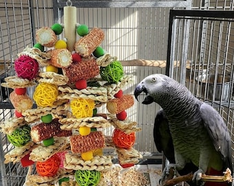 Large Corn Cob & Rattan Ball Bird Toy: Colorful Chew String for African Grey, Macaw
