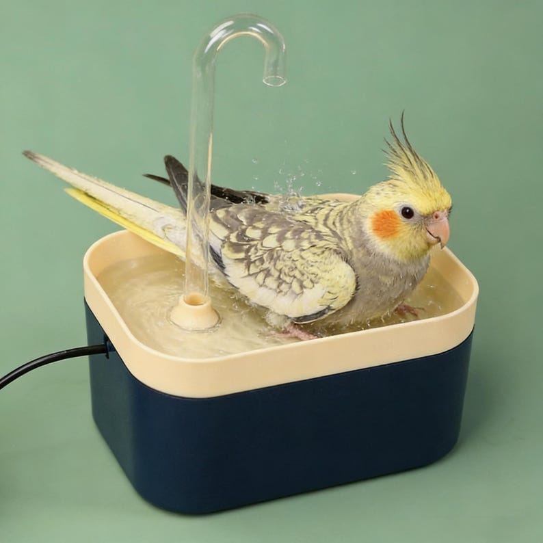 May include: A cockatiel bird taking a bath in a blue and beige bird bath. The bird bath has a clear, curved water fountain. The bird has yellow and gray feathers with an orange cheek patch. The background is a solid green color.