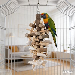 Juguete masticable grande para loros, cuerda de madera natural para triturar, enriquece la jaula.