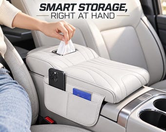 Car Armrest Cushion with Storage Pocket | Memory Foam Console Pad | Tissue Holder | Vehicle Interior Organizer | Driver comfort