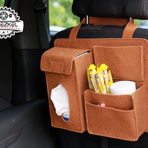 Organizador para el asiento trasero del coche | Caja de almacenamiento colgante de fieltro | Pañuelos de fácil acceso | Soporte para bebidas y aperitivos | Soporte para teléfono y botella | Interior ordenado