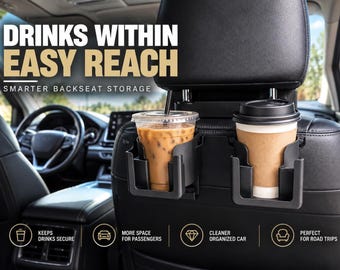 Car Seat Back Organizer with Cup Holder | Headrest Phone Holder Rack with Hooks | Space Saving Auto Storage Accessory