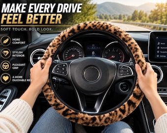 Leopard Print Steering Wheel Cover | Plush Winter Wheel Wrap | Soft Interior Car Accessory | Cozy Car Decor