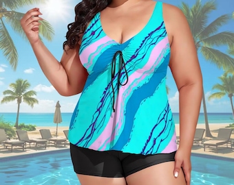Traje de baño tankini de talla grande para mujer con pantalones cortos / Traje de baño para vacaciones de verano en la playa / XL-6XL / Mármol aguamarina