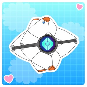 May include: A white, geometric, robotic drone sticker featuring orange accents and a central dark circular eye with a glowing cyan diamond-shaped core. The design is set against a light blue grid background with soft white clouds and two small pink hearts.