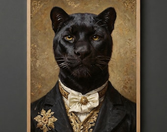 Schwarzer Panther Wand Kunstdruck, Safari Kinderzimmer Dekor, Viktorianisches Tier Portrait, Großkatze Geschenk