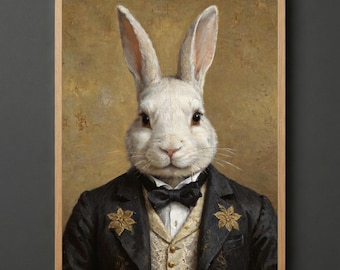 Impresión de arte de pared de conejo blanco, retrato de animal victoriano, decoración de Alicia en el país de las maravillas, guardería