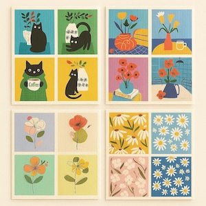 May include: A set of eight square art prints featuring colorful illustrations. The prints depict black cats with plants and coffee, and various floral arrangements in vases. The prints also show daisies and other flowers.