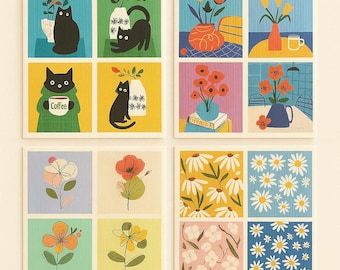 Floral & Cat Swedish Dishcloth Set of 8 • Eco-Friendly Reusable Sponge Cloths