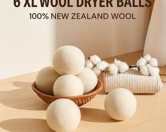 Organic 6 XL 100% New Zealand Wool Dryer Balls | Natural Fabric Softener | Eco Laundry Gift Set | Plastic-Free, Natural Fabric Softener