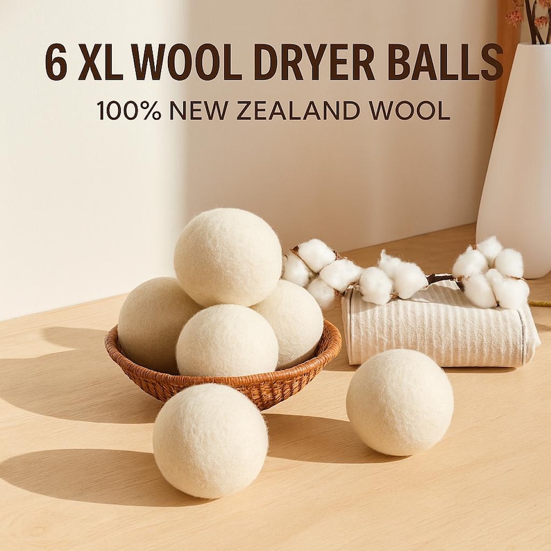 6 XL New Zealand Wool Dryer Balls, Natural Fabric Softener