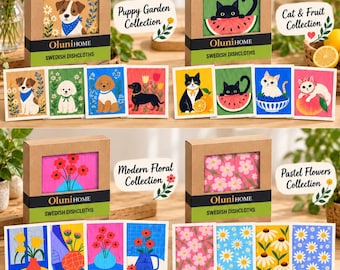 Juego de 8 paños de cocina suecos / Esponjas de cocina reutilizables y ecológicas / Diseños de cachorros, gatos y flores