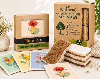 Eco Kitchen Essentials Set | Swedish Dishcloths & Natural Sponges | Reusable Kitchen Gift | Plastic Free Cleaning Bundle