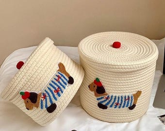 Cute Dachshund Storage Basket with Lid, Woven Cotton Rope Organizer, Dog Lover Gift, Nursery Decor, Kids Room Storage, Kids Room Gift