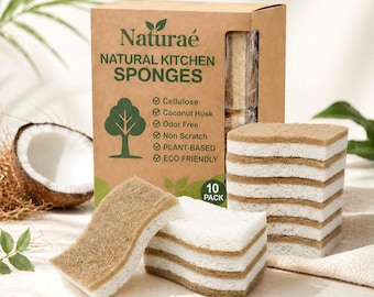 Esponjas de cocina ecológicas y naturales, paquete de 10 unidades, esponjas de celulosa biodegradables para platos, estropajo de coco, limpieza sin residuos, no raya.