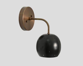 Brass Sconce Black Ball Shade Wall Light Mid Century Modern Handmade Minimalistic Lamp