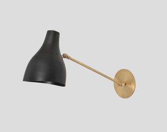 Flared Cone Wall Lamp Long Arm Brass Sconce Mid Century Light Fixture Matt Black