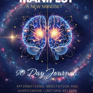 May include: A journal cover with the word "MANIFEST" in white capital letters. Below, it reads "A NEW MINDSET." The image features two glowing brain illustrations, with the text "90 Day Journal" and affirmations, meditation, and overcoming limiting beliefs.