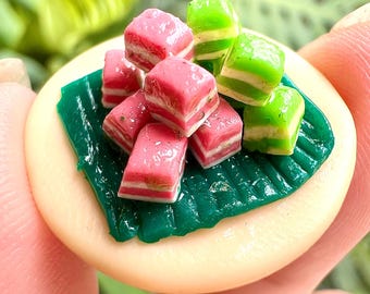 Handmade Miniature Thai Layered Dessert (Khanom Chan) – Pandan, Rose Sweet, 1:12 Scale Food