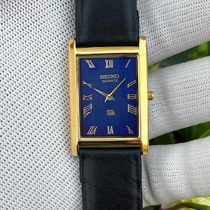 Seiko Tank Style Quartz Watch Blue Dial Rectangular Gold Plated Dress Watch | Japan Made