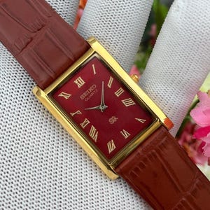 Seiko Tank Style Quartz Watch Red Dial Rectangular Gold Plated Dress Watch | Japan Made