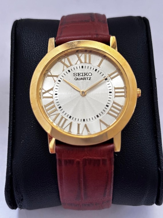 Seiko Quartz Gold Tone Watch Brown Leather Band Vintage Men's Dress Watch Japan Timepiece