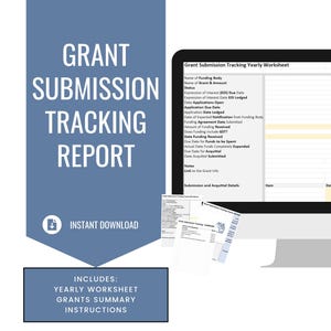 Può includere: Una grafica digitale con le parole "GRANT SUBMISSION TRACKING REPORT" in testo bianco su sfondo blu. L'immagine include un monitor di computer che mostra un foglio di lavoro e le parole "DOWNLOAD IMMEDIATO". La grafica include anche le parole "INCLUDES: YEARLY WORKSHEET GRANTS SUMMARY INSTRUCTIONS".