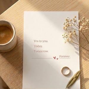 May include: A white card with the text "Yes to you. Today. Tomorrow. Forever." is displayed on a wooden surface. A gold ring and a sprig of dried flowers are next to the card. A cup of coffee is in the upper left corner.