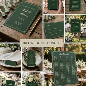 Puede incluir: Un conjunto de papelería de boda verde oscuro, que incluye invitaciones, tarjetas RSVP, menús y un plano de asientos. Se utilizan detalles dorados y fuentes elegantes. El texto "Sarah & William" es visible en varios artículos.