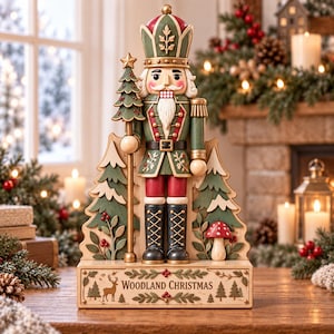 May include: A wooden nutcracker figurine standing on a rectangular base labelled WOODLAND CHRISTMAS. The figure wears a green and red uniform with a tall hat, holding a staff topped with a star. It is flanked by carved trees and a red mushroom.
