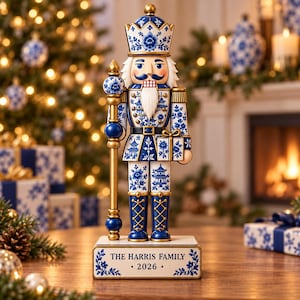 May include: A nutcracker figurine featuring a blue and white floral pattern reminiscent of porcelain. It wears a crown, holds a gold staff, and carries a small gift. The rectangular base is inscribed with the text THE HARRIS FAMILY • 2026 •.
