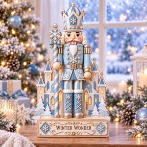 May include: A decorative nutcracker figure standing on a rectangular base labelled "WINTER WONDER." The figure wears a light blue and white uniform with a matching crown, holding a staff topped with a snowflake. It is set against a castle backdrop.