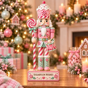 May include: A decorative nutcracker figurine featuring a pink and mint green colour scheme with candy-themed details. The figure wears a cupcake-shaped hat, holds a large red and white swirl lollipop, and carries a small drum. The base reads SUGARPLUM WISHES.