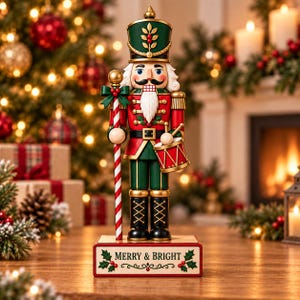 May include: A wooden nutcracker figurine wearing a green and red uniform with gold accents, holding a red and white striped staff and a small drum. The figure stands on a rectangular base with the text MERRY & BRIGHT and holly leaf designs.