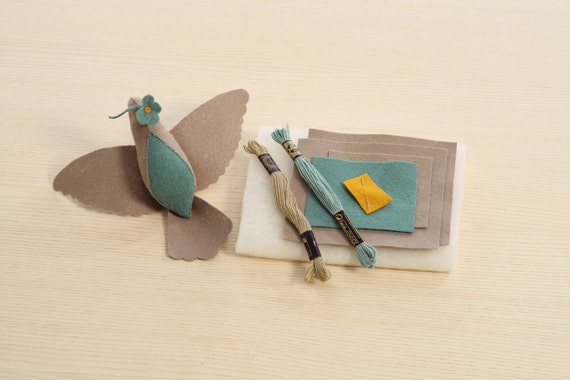 Beige/teal bird in flight kit, felt kit, sewing kit, crafts for kids,  beginner sewing kit, bird ornament kit, hand sewing kit