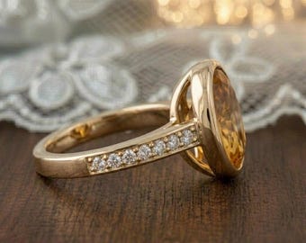 Anillo de compromiso con citrino de talla ovalada, anillo de plata maciza chapado en oro de estilo vintage con pavé, regalo de piedra natal de noviembre para ella, anillo llamativo.