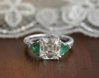 Asscher Cut Three Stone Ring, Lab Emerald and White Moissanite Engagement Ring, Solid Silver Anniversary Ring, Unique Bridal Jewelry