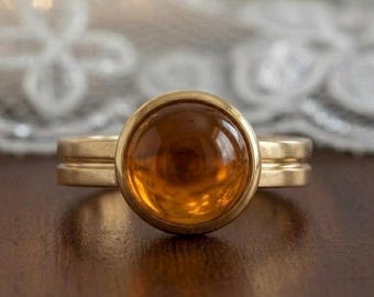 Anillo vintage de citrino color miel con cabujón en plata maciza – Anillo minimalista con piedra redonda – Anillo apilable delicado de estilo bohemio para mujer