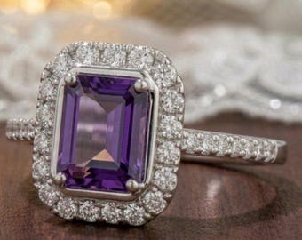 Emerald Cut Amethyst Ring, Purple Gemstone Halo Ring, Silver Engagement Ring, Vintage Style Art Deco Promise Ring, February Birthstone